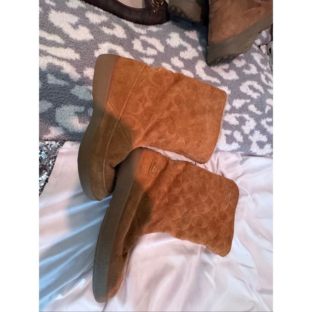 Vintage  Coach Tan Signature Cc Suede Bootie Tobacco 9 | Wool Cozy Chic Boho 10 - Picture 3 of 9